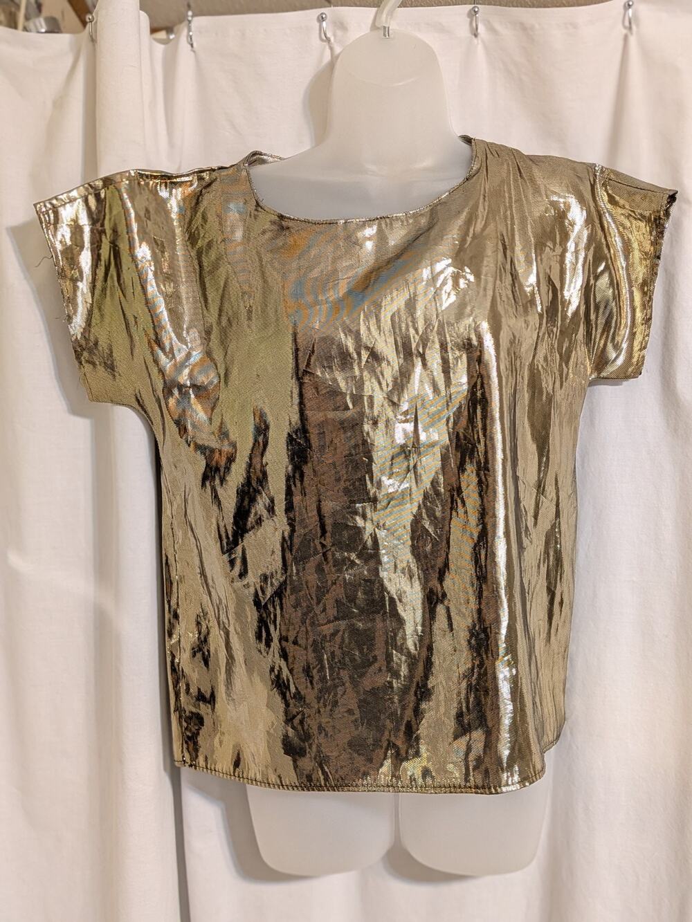 VTG 80s Gianna Metallic Shiny Gold Short Dolman Sleeve Disco Blouse Shirt Sz M